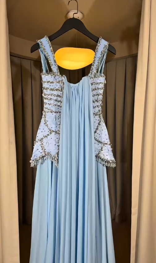 Luxurious Exquisite Diamond A Line Straps Blue Chiffon Prom Dress Evening Dress SH6756