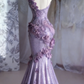 Gentle Purple Mermaid Halter Appliques Ruffle Sequin Long Prom Dress SH5427