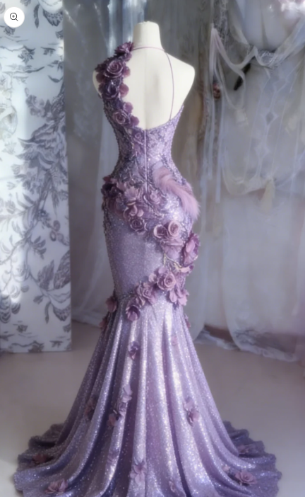 Gentle Purple Mermaid Halter Appliques Ruffle Sequin Long Prom Dress SH5427