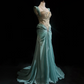 Retro Gorgeous A Line Straps Pleated Beaded Blue Satin Prom Dress Evening Dress SH3328