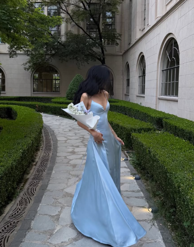 Pretty Blue A Line Spaghetti Strap Satin Long Prom Dress Evening Dress SH8790