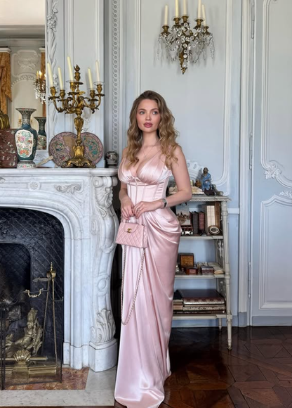 Gentle Pink Sheath V Neck Pleated Satin Long Prom Dress Party Dress SH6426