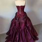 Vintage A Line Strapless Exquisite Beaded Burgundy Satin Prom Dress Wedding Guest Dress SH5400