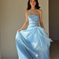 Exquisite A Line Strapless Beaded Blue Satin Long Prom Dress Evening Dress SH6744