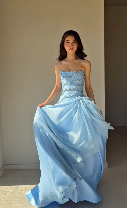 Exquisite A Line Strapless Beaded Blue Satin Long Prom Dress Evening Dress SH6744