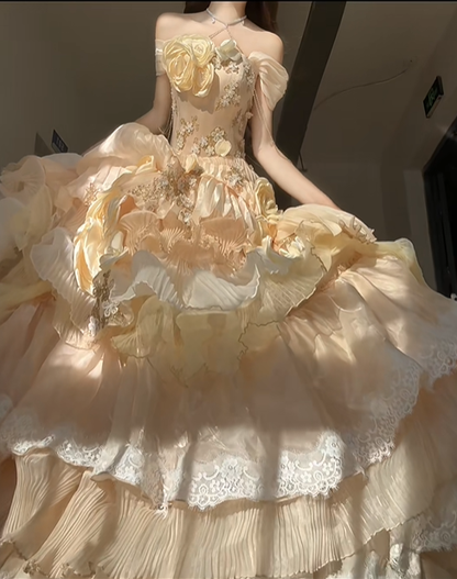 Cute Yellow Rose Ball Gown Off the Shoulder Beaded Satin Prom Dress 16th Birthday Dress SH5030