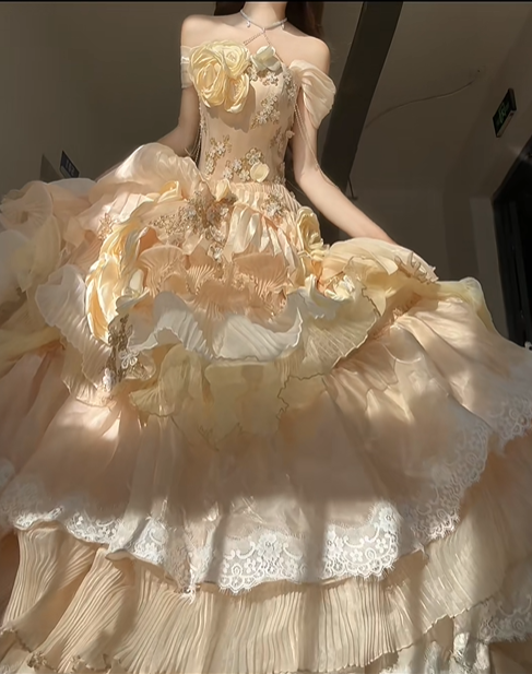 Cute Yellow Rose Ball Gown Off the Shoulder Beaded Satin Prom Dress 16th Birthday Dress SH5030
