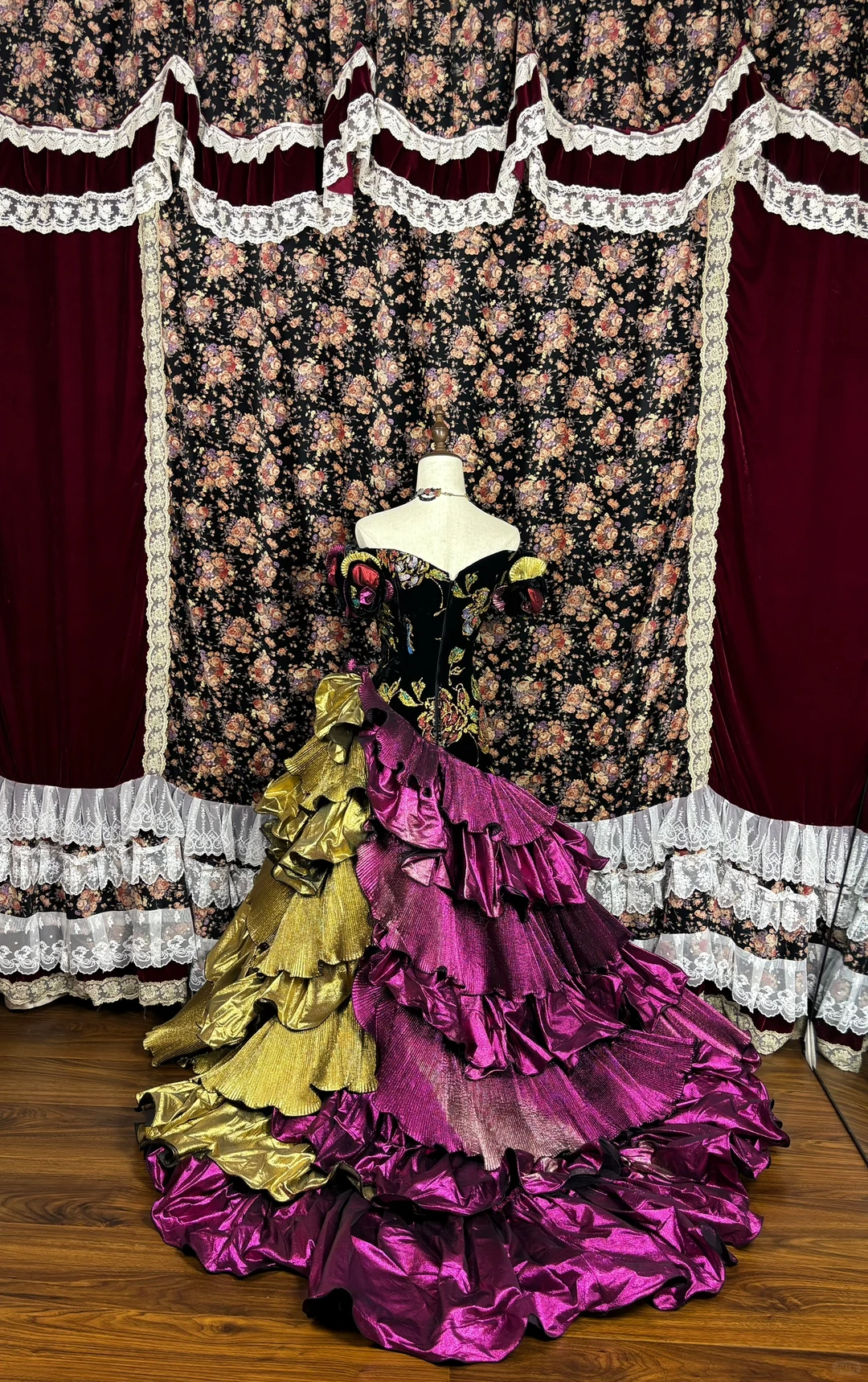 Vintage Secret Print Floral Layered Satin Prom Dress Party Evening Dress SH5694