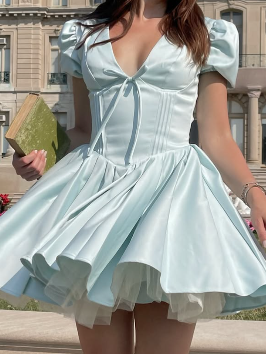Cute Baby Blue A Line Puff Satin Short Homecoming Dress Outfits SH4862