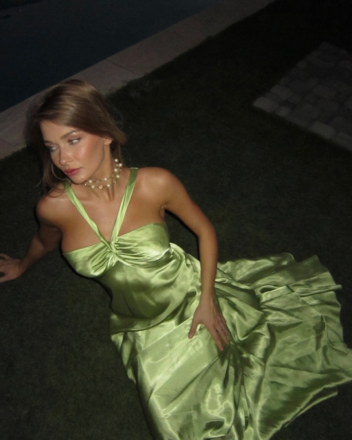 Sexy A Line Halter Green Satin Long Prom Dress Evening Dress SH1817