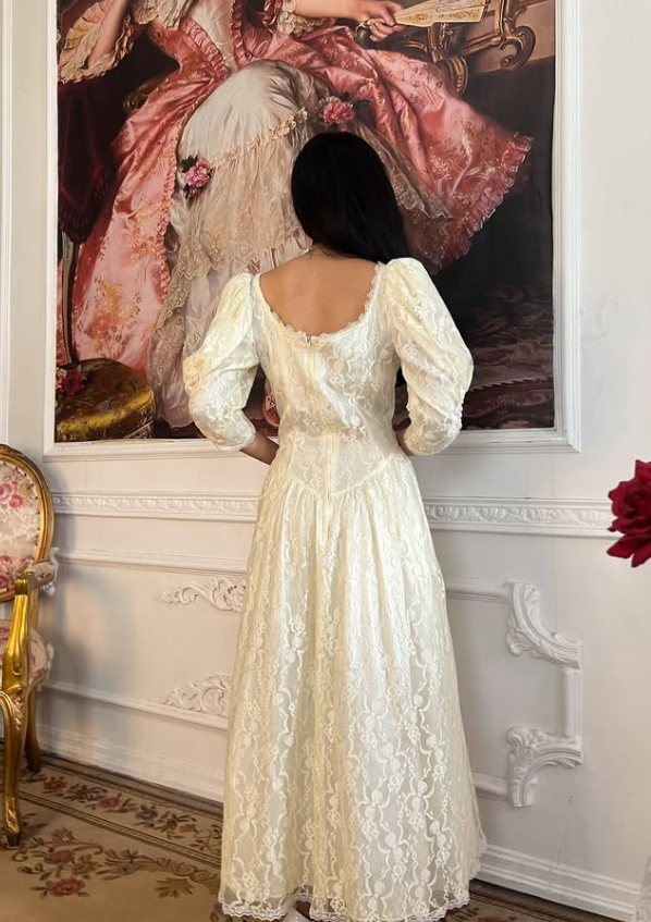 Ivory Vintage Ball Gown Long Sleeve Lace Long Prom Dress SH5487