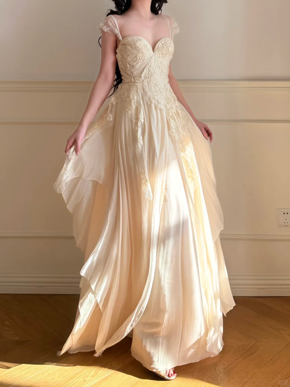 Vintage Sweety A Line Straps Apricot Lace Chiffon Wedding Guest Dress Prom Dress SH5441