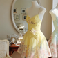 Summer Yellow A Line Straps Print Floral Satin Cocktail Dress Homecoming Dress SH6164