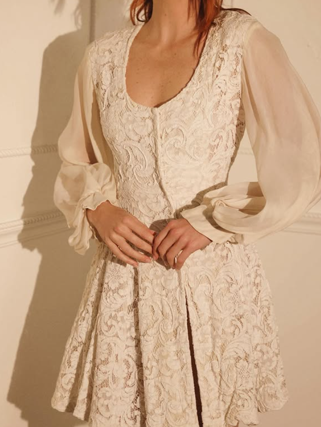 Retro Apricot A Line Long Sleeve Chiffon Lace Short Prom Dress Homecoming Dress SH6395