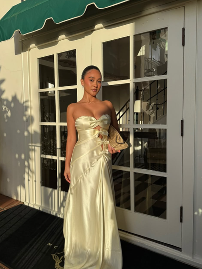 Yellow A Line Sweetheart Neck Bow Knot Satin Long Prom Dress Evening Dress SH8963