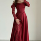 Elegant Burgundy A Line Long Sleeve Lace Satin Prom Dress Wedding Guest Dress SH6012
