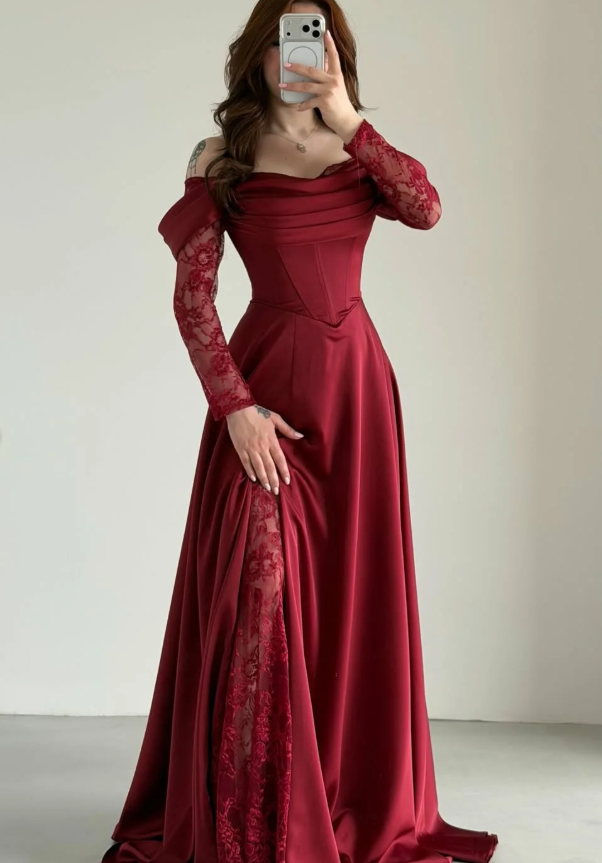 Elegant Burgundy A Line Long Sleeve Lace Satin Prom Dress Wedding Guest Dress SH6012