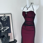 Classic Sexy Sheath Halter Black Chiffon Red Satin Open Back Long Evening Dress Party Dress SH3486