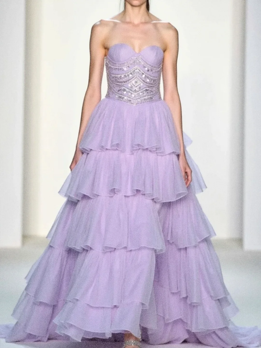 Purple Ball Gown Sweetheart Neck Beaded Sequin Layered Tulle Long Prom Dress Date Dress SH4892