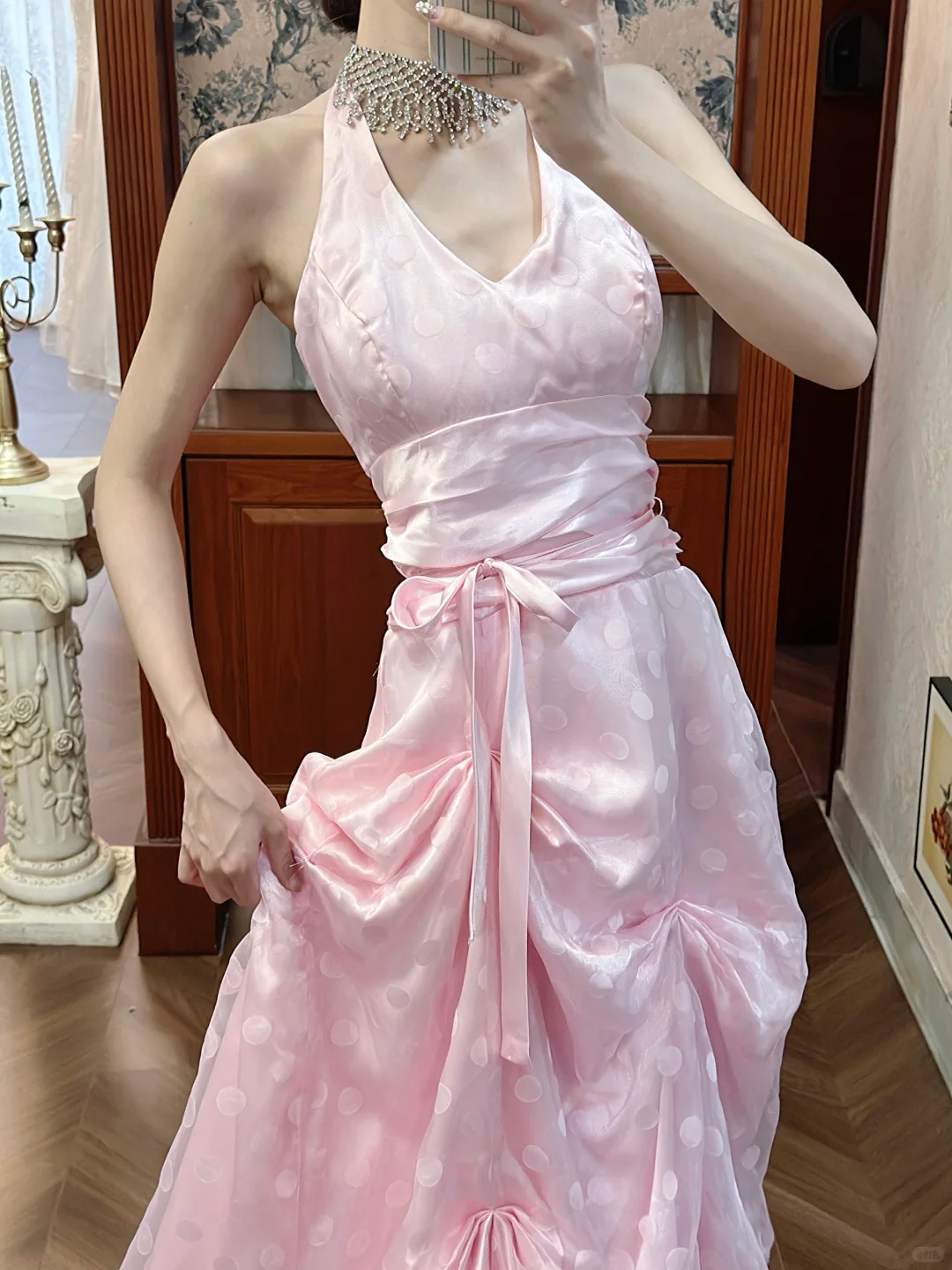 Vintage Pink Polka Dot A Line Halter Chiffon Satin Open Back Long Prom Dress SH5171
