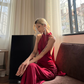 Sexy Burgundy A Line Halter Lace Satin Open Back Prom Dress Wedding Guest Dress SH4465