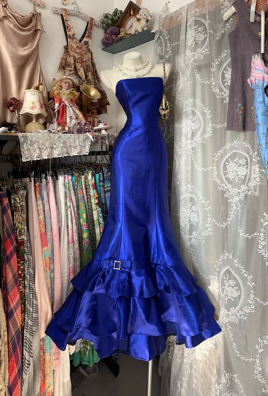 Royal Blue Vintage Mermaid Strapless Layered Satin Long Gradation Prom Dress SH5361