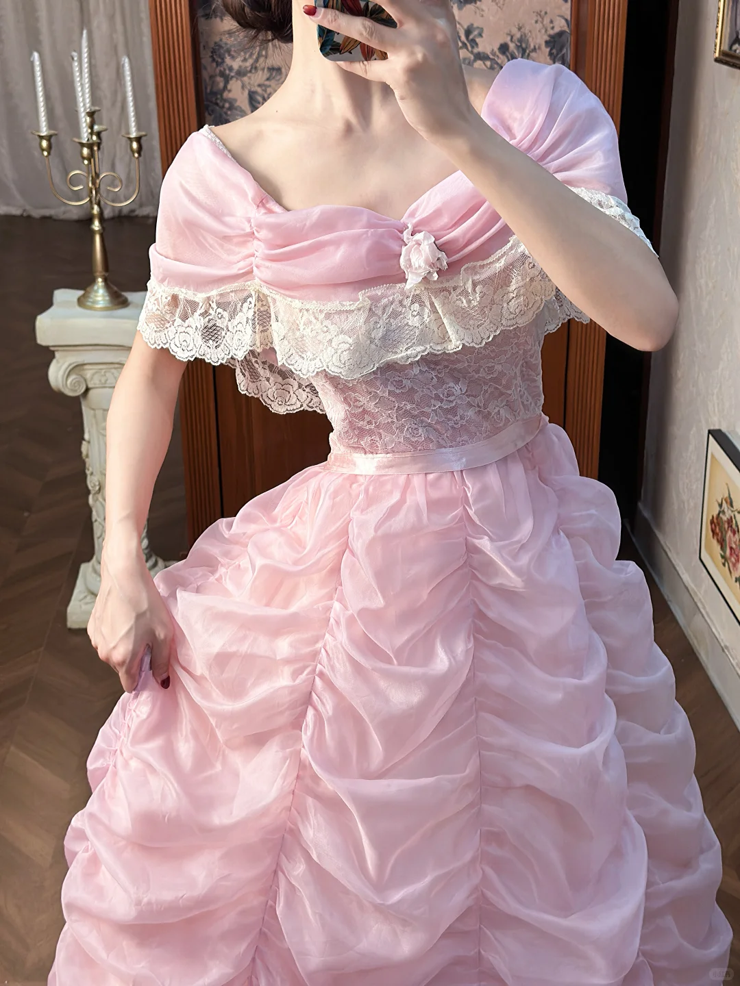 Vintage Sweety Pink Ball Gown Lace Tulle Long Prom Dress 16th Birthday Dress SH5201
