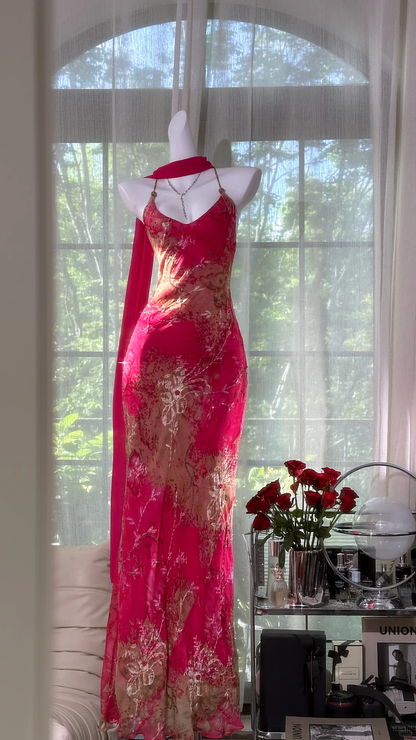 Hot Pink Vintage Mermaid Spaghetti Straps Print Floral Chiffon Prom Dress SH5199