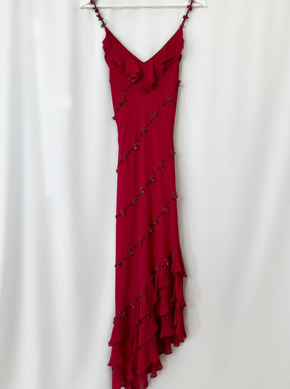 Vintage Burgundy Floral Beaded Ruffles Chiffon Prom Dress Evening Party Gowns SH3536
