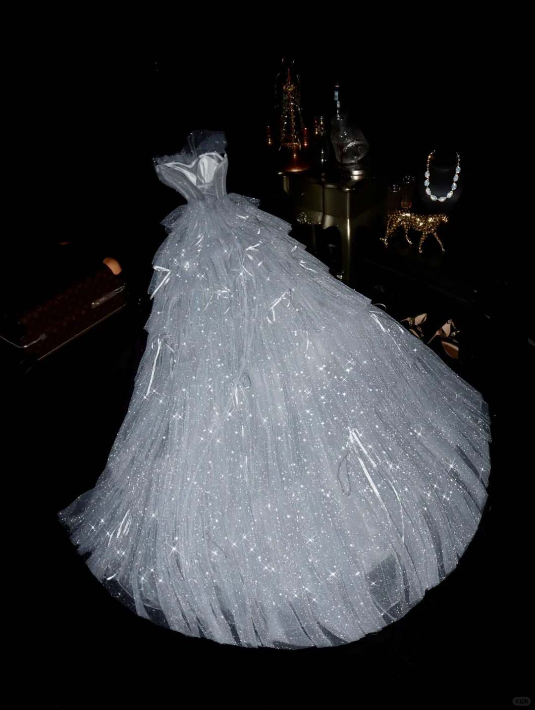 Shiny A Line Strapless Layered Sequin Tulle Long Prom Dress Evening Dress with Bow SH3161
