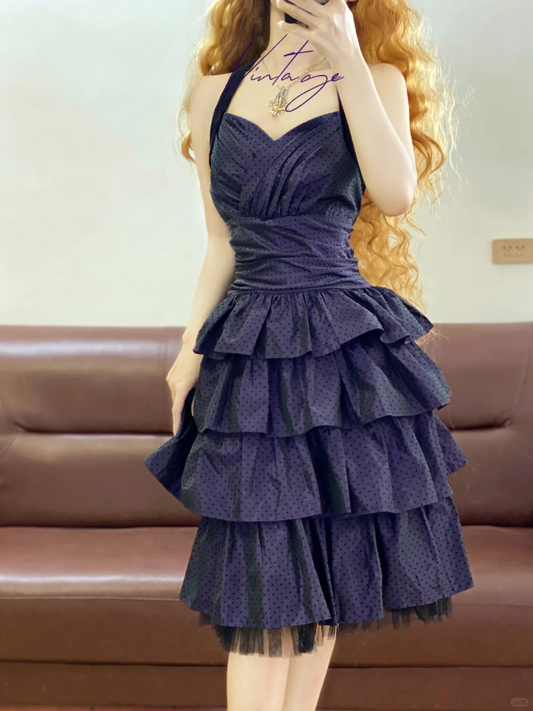 Vintage Dark Purple A Line Halter Polka Dot Layered Satin Homecoming Dress SH4959