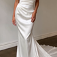 Stunning A Line Off the Shoulder White Satin Long Sweep Wedding Dress SH4857