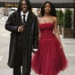 Burgundy A Line Strapless Bow Tulle Long Prom Dress Wedding Guest Dress SH4805