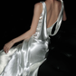 Classic White A Line Strapless Satin Simple Open Back Long Wedding Dress SH4712