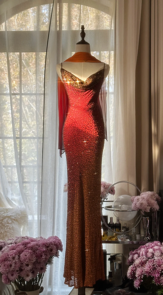 Vintage Unique Red Orange Ombre Black Beaded Chiffon Evening Dress Party Dress SH3472