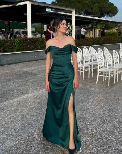 Emerald Sheath Off the Shoulder Corset Satin Long Prom Dress Evening Dress SH7318