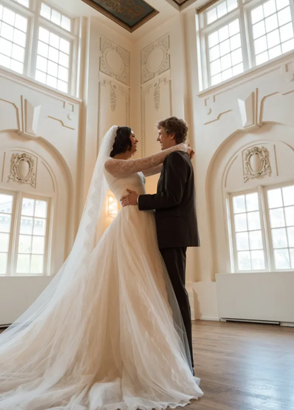 Elegant A Line Long Sleeve Square Neck White Lace Tulle Long Wedding Dress SH6196