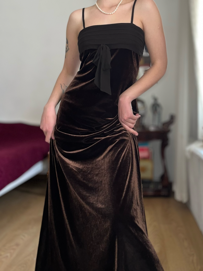 Vintage Sheath Spaghetti Strap Brown Velvet Prom Dress Evening Dress SH6075