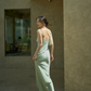 Sage Green Sheath Spaghetti Strap Appliques Satin Long Prom Dress Party Dress Outfits SH4965
