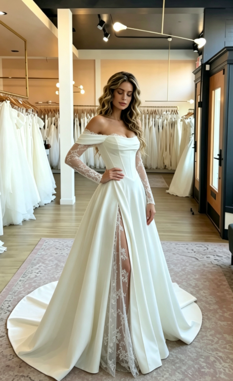 Elegant A Line Long Sleeve White Lace Satin Slit Long Wedding Dress SH7074