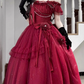 Burgundy Ball Gown Straps Pearls Sequin Tulle Prom Dress 16th Birthday Dress SH4913