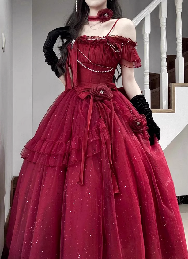 Burgundy Ball Gown Straps Pearls Sequin Tulle Prom Dress 16th Birthday Dress SH4913
