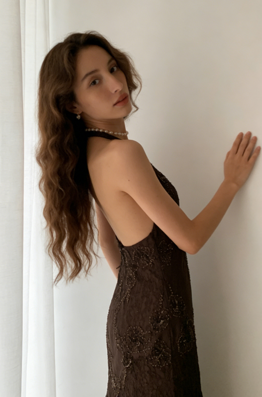 Vintage Mermaid Sleeveless Halter Brown Long Prom Dress SH1378