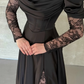 Elegant Black A Line Long Sleeve Lace Satin Prom Dress Evening Dress SH6013