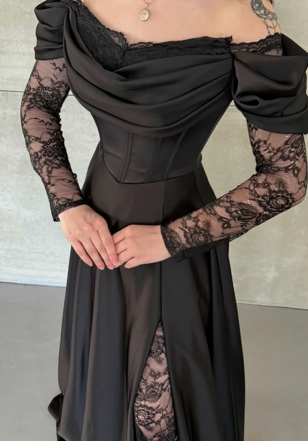Elegant Black A Line Long Sleeve Lace Satin Prom Dress Evening Dress SH6013