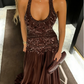 Exquisite A Line Halter Beaded Chiffon Open Back Prom Dress SH5063