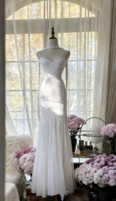 Lilac Mermaid Spaghetti Strap Beaded Chiffon Long Prom Dress Graduation Prom Dress SH2486