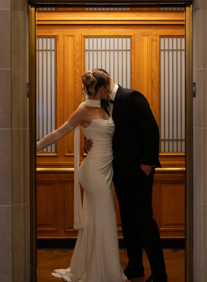 High-class Mermaid Strapless Pleated White Satin Long Train Wedding Dress SH7544