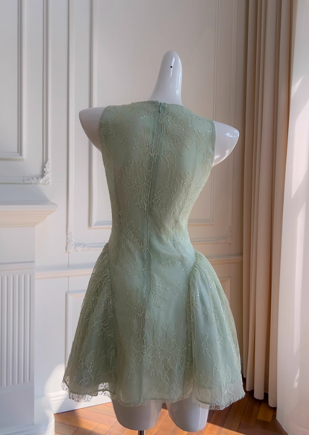Green A Line Round Neck Lace Tulle Short Homecoming Dress SH4508