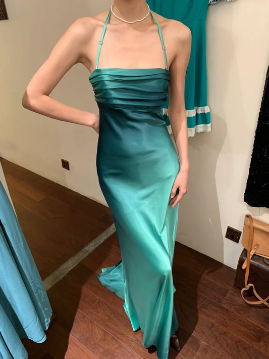 Simple A Line Halter Ombre Blue Satin Open Back Prom Dress Evening Dress SH2974